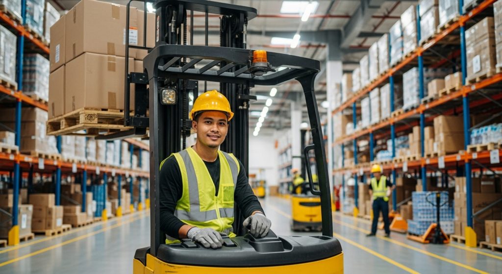 warehouse worker driving forklift