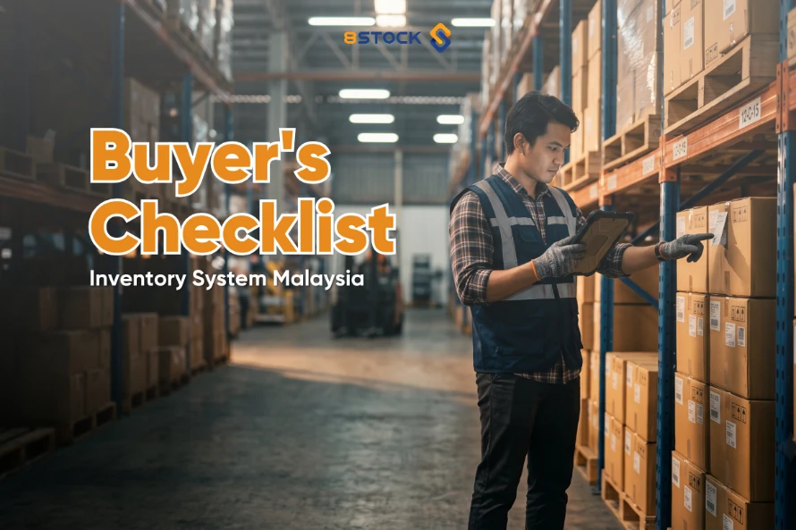 Warehouse worker checking inventory against a buyer's checklist — inventory management system Malaysia.