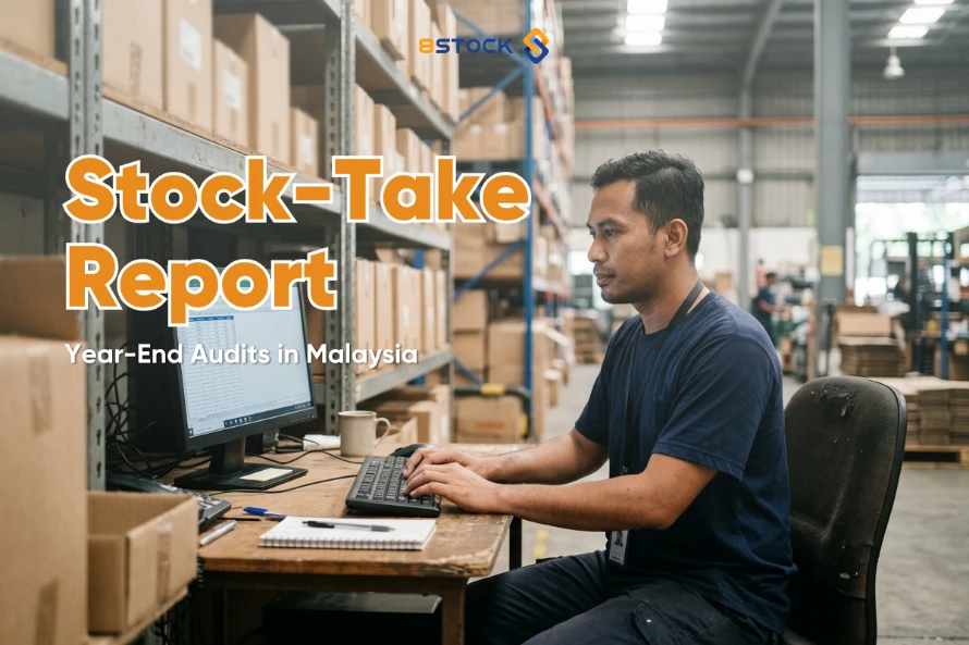 A Malaysian warehouse worker in their 30s, wearing a plain work shirt, seated at a desk beside warehouse shelving