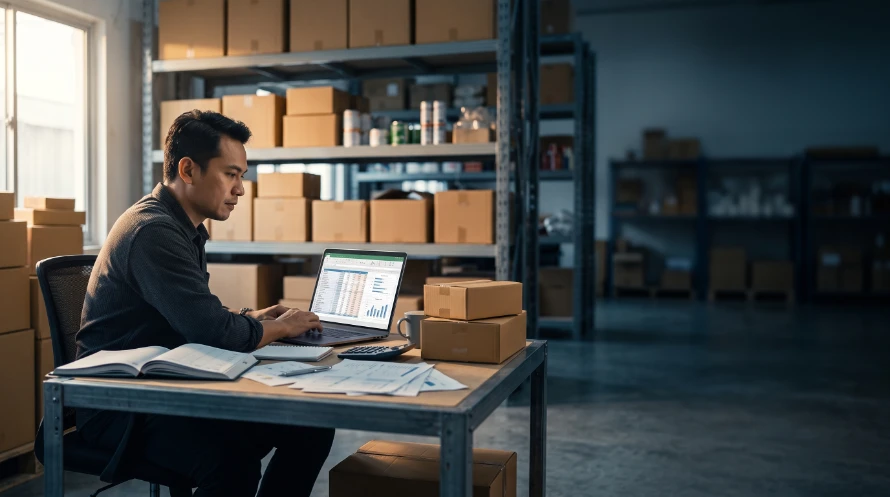 Man sits at a desk in a warehouse, working on a laptop with stacked boxes and paperwork nearby.