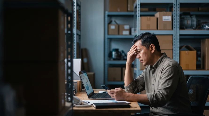 Man sits at a desk in a warehouse, holding his head with one hand while looking at a smartphone and laptop.