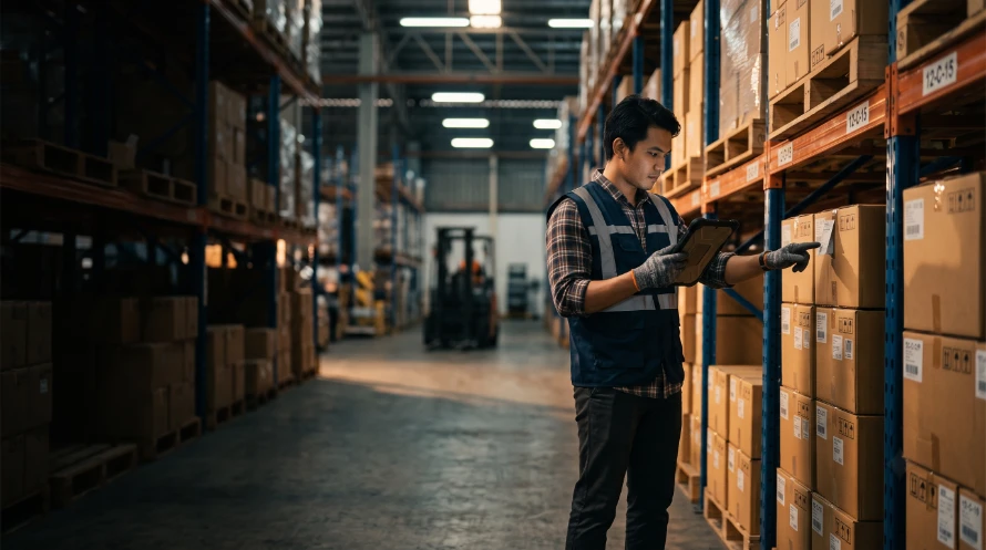 8Stock WMS - Warehouse worker in a reflective vest using a tablet to inspect labeled boxes on tall shelves in a warehouse aisle.
