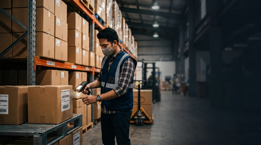 8Stock WMS - Man wearing a mask and safety vest scans a box on a warehouse shelf with a handheld scanner.