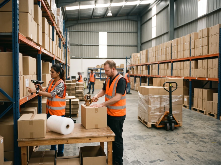 Warehouse team picking and packing orders — receiving, storage, picking, packing and dispatch in one workflow