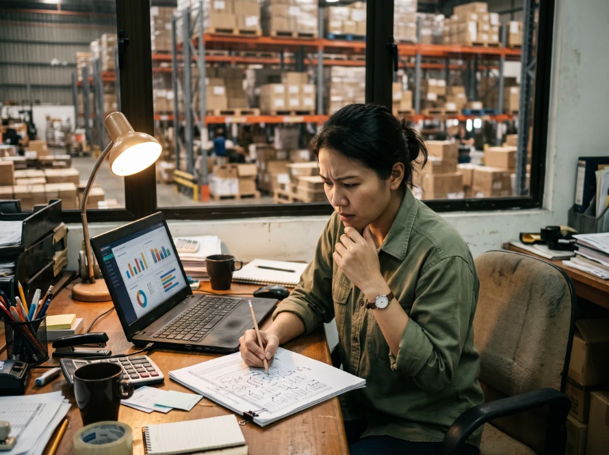 Business owner comparing a printed stock spreadsheet against a warehouse management screen
