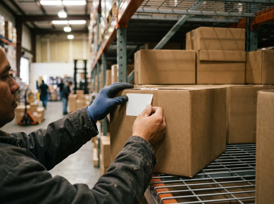 a Southeast Asian-presenting warehouse worker's handsapplying a printed SKU label sticker