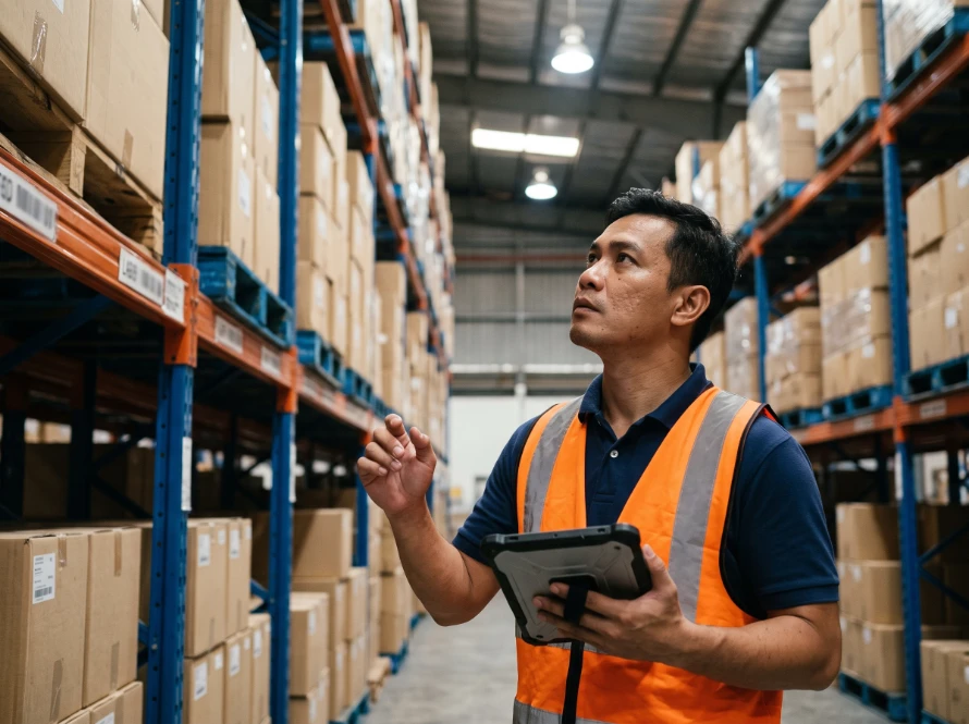 Warehouse supervisor checking stock levels on a tablet beside pallet racking in a Malaysian warehouse