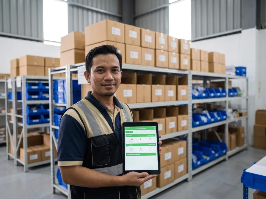 a Malaysian warehouse worker, 30s, standing confidentlyin front of neatly organized, labeled storage shelving