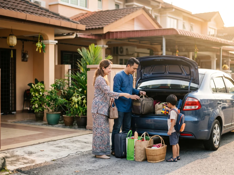 Malaysian family loading a car for a festive balik kampung trip, an example of accidents covered under LINDUNG 24 JAM