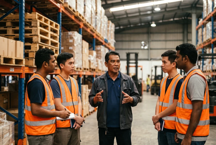 Warehouse manager briefing a small team of workers on safety and benefits information in Malaysia