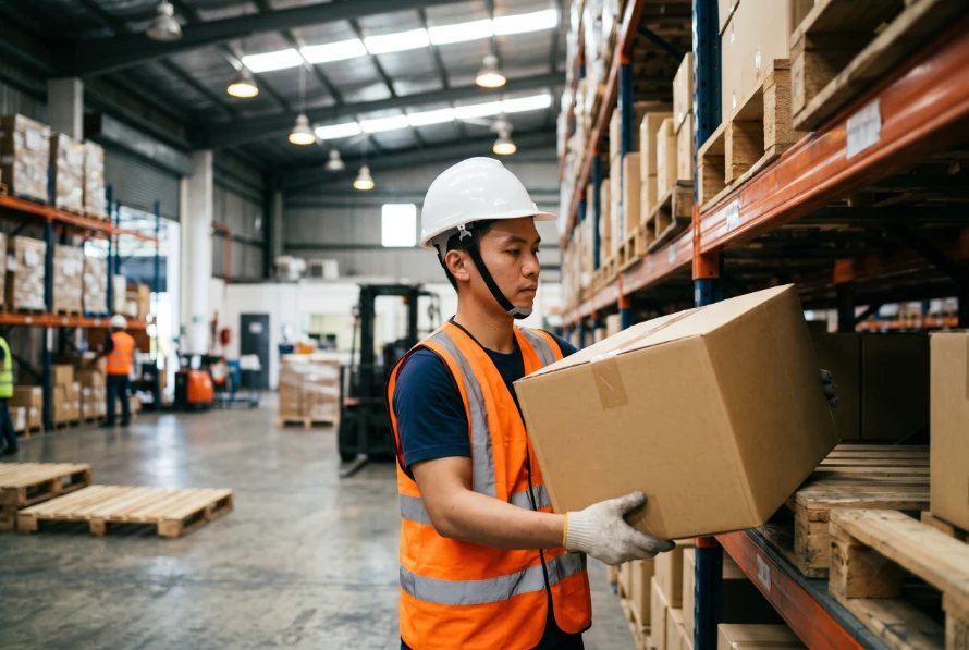Warehouse worker lifting boxes during a physically demanding shift in Malaysia