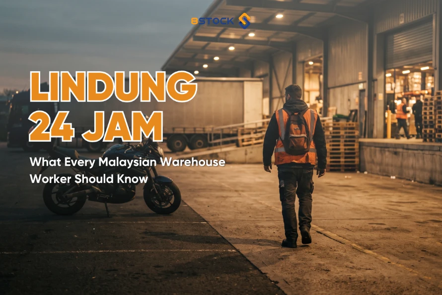Malaysian warehouse worker heading home on a motorcycle after his shift, representing LINDUNG 24 JAM protection outside work hours