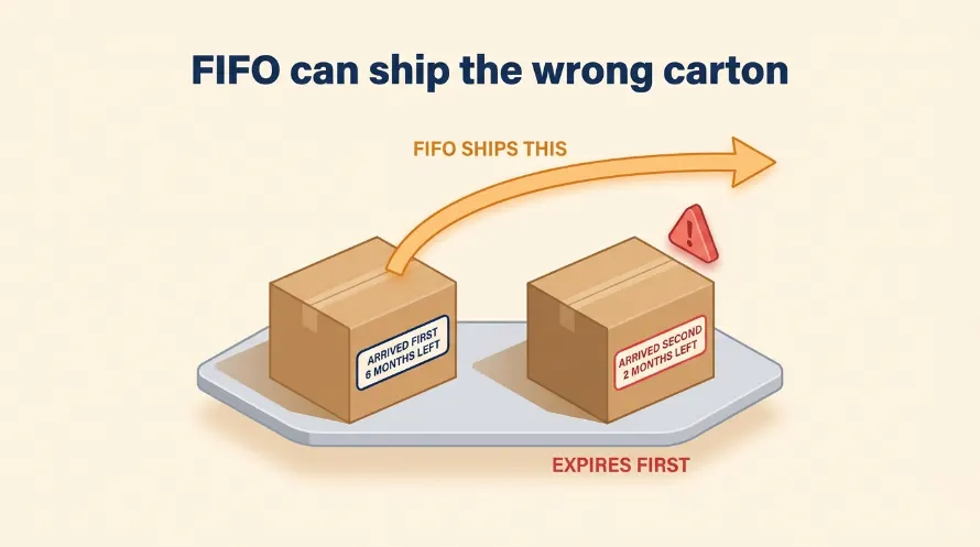 Diagram_illustrating_FIFO_shipping - 8Stock WMS 8Stock WMS - How FIFO ships the wrong carton when a later batch expires sooner than an earlier one