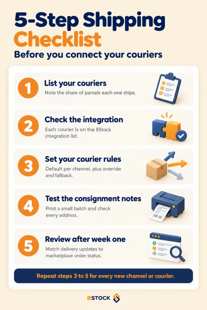 8Stock WMS - Graphic titled '5-Step Shipping Checklist' outlining 5 steps to connect couriers, with numbered orange circles and related icons on a light beige background.