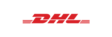 DHL logo in red with italic lettering and speed-line accents.