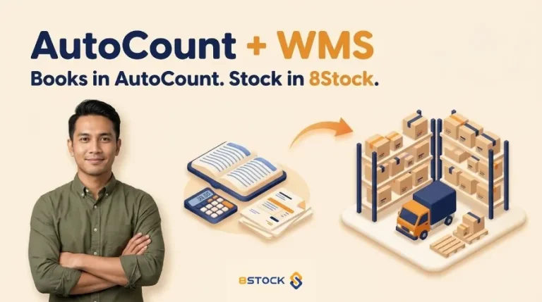 8Stock WMS - 8Stock WMS - Man standing beside a graphic of books, invoices, and a warehouse with a truck, illustrating AutoCount + WMS stock management.