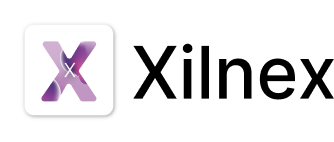 Purple X logo centered on a white rounded-square badge with a subtle drop shadow on a black background.